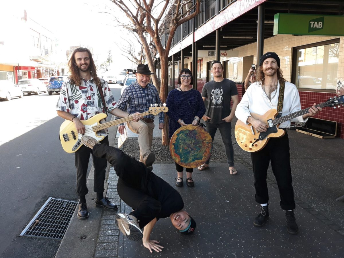 Musicians from Circadia and artists alongside Wollongong City Council Mayor Gordon Bradbery