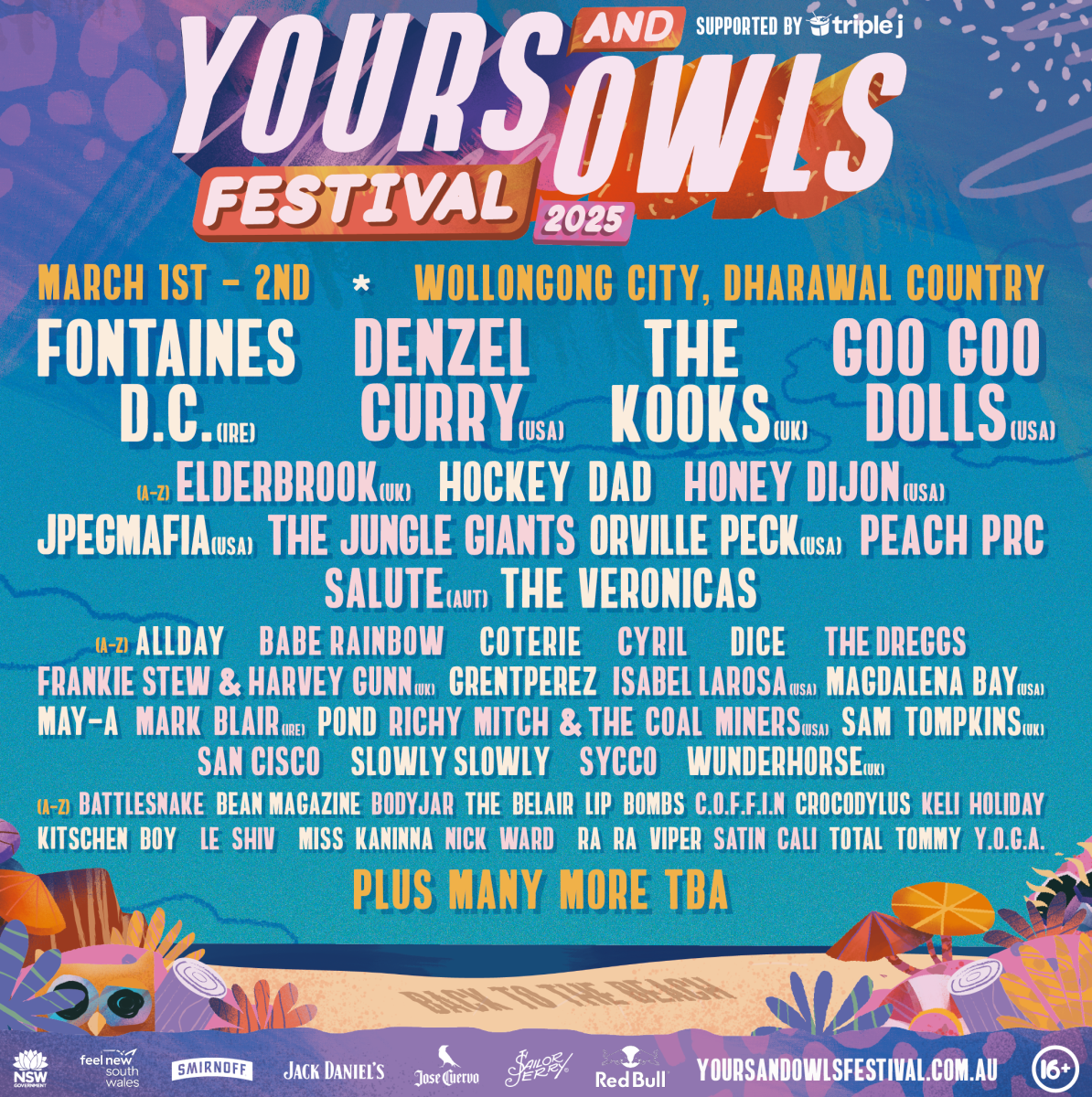 Line up of artists for Yours and Owls 2025 festival. 