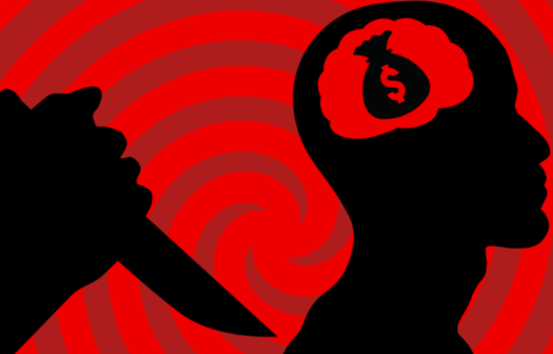 Logo for Fiasco: an improvised play depicting a silhouette of a head and a knife against a red background