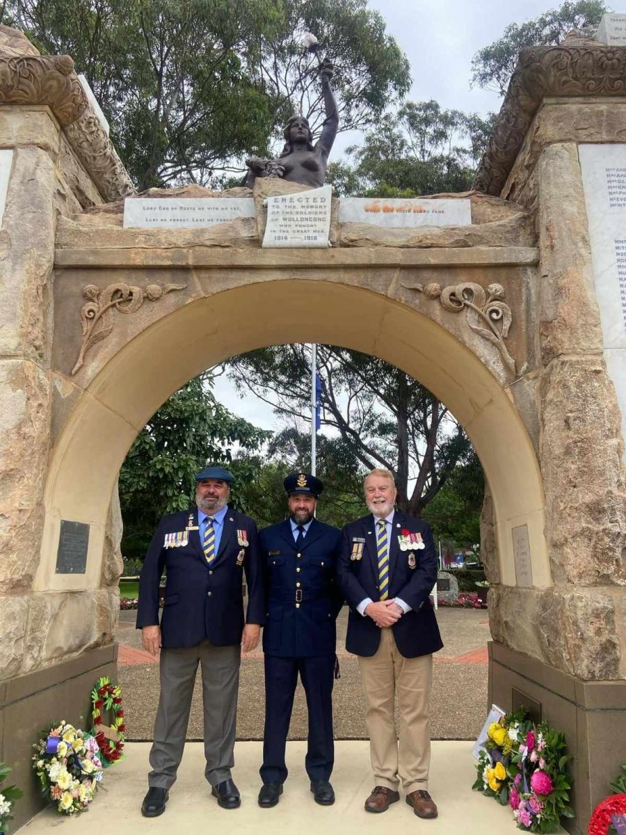 Wollongong RSL sub-Branch treasurer and secretary Peter Lipscomb, Wollongong RSL sub-Branch chaplain Matthew Weir and Wollongong RSL sub-Branch president John Sperring mark Remembrance Day at the Wollongong Cenotaph.