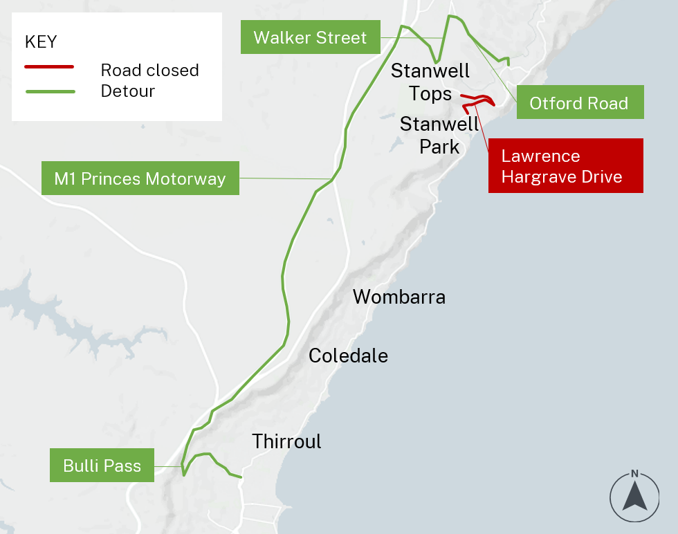 Detour for Lawrence Hargrave Drive closure.