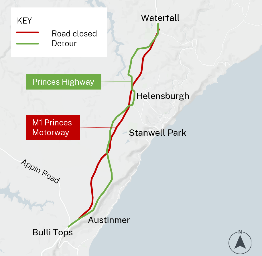 Detour map for M1 Motorway closure.