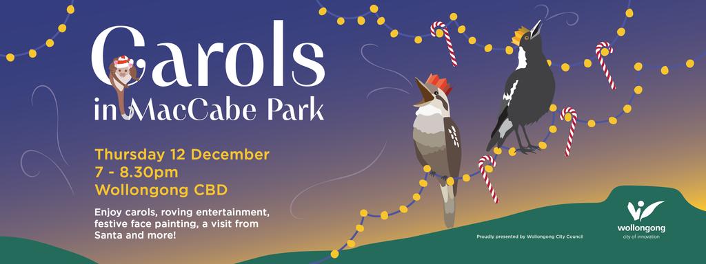 Banner for Carols event at McCabe Park in Wollongong