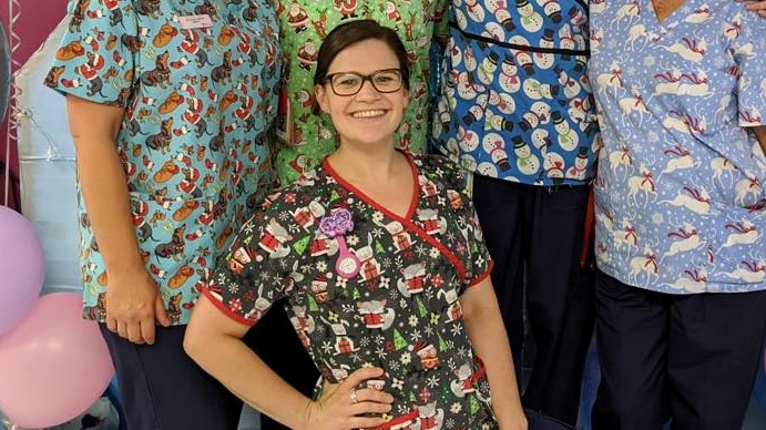 Sarah Morton in Xmas scrubs.