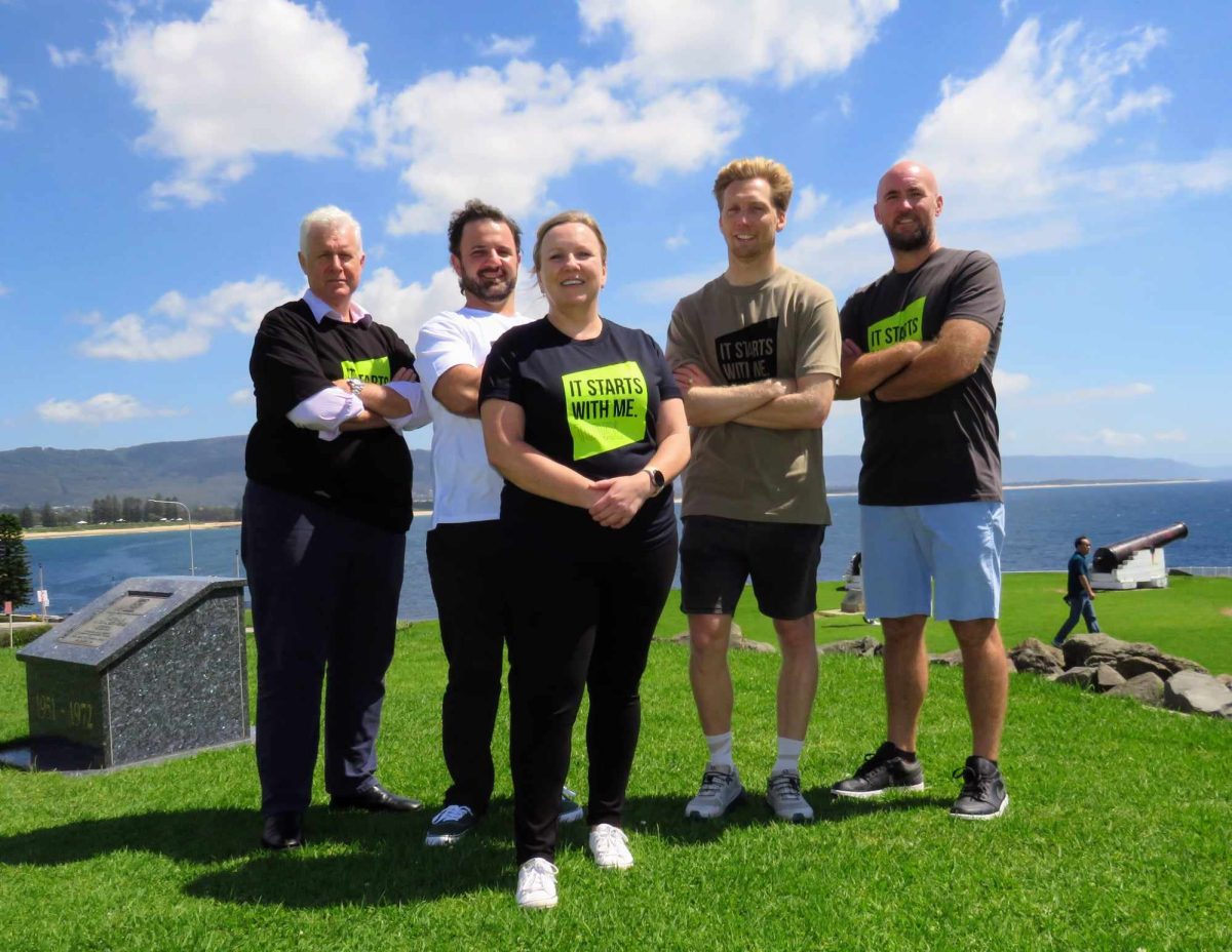 Surgeon Dr Bruce Ashford, Healthier Illawarra Men deputy chair Toby Dawson, Women Illawarra GM Michelle Glasgow, motivational speaker and shark attack survivor Brett Connellan and elite sports physiotherapist Mick Baines at the launch of the 'It Starts With Me. Today.' campaign against domestic violence at Flagstaff Hill. 