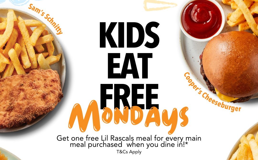 Banner for Kids Eat Free Mondays at Rashays