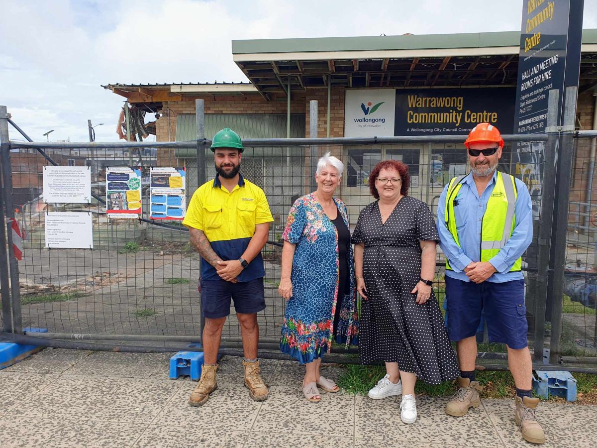 Construction workers with Deputy Mayor Linda Campbell and Wollongong Lord Mayor Tania Brown at the demolition site of the former Warrawong Community Centre on Friday (10 January).