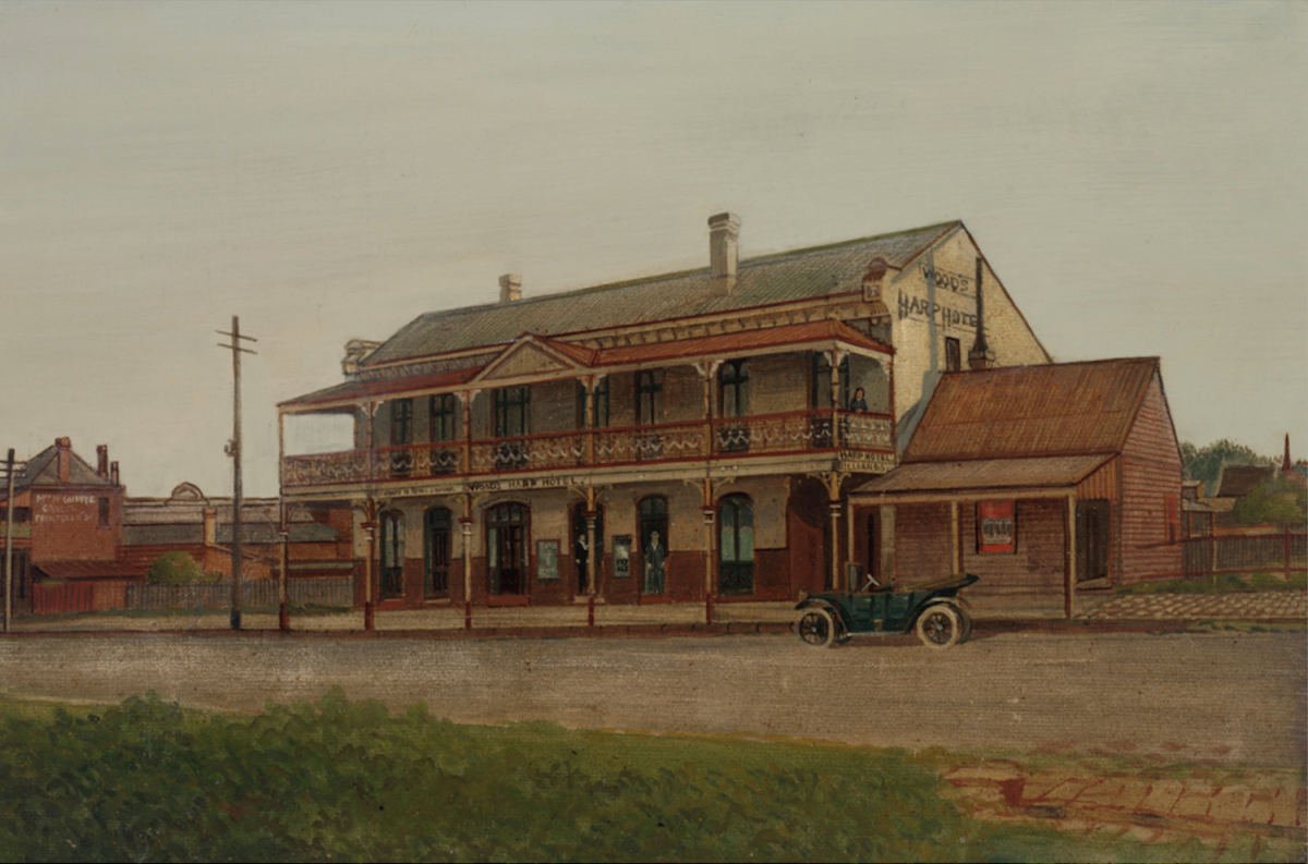 A painting of Wollongong's Harp Hotel by John Campbell (1855-1924) in 1918. 