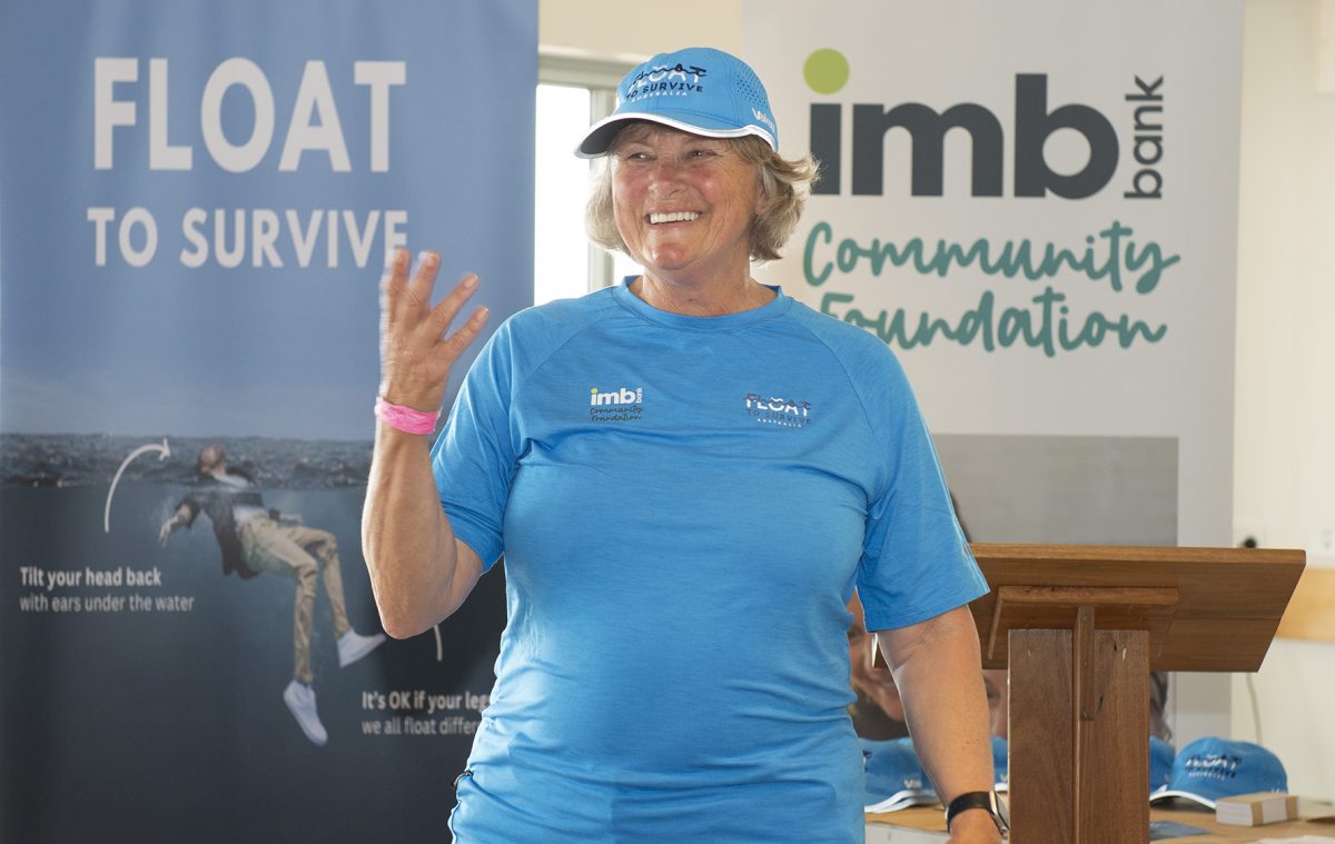 Former Olympian Shane Gould gives a talk at the launch of the Float to Survive campaign at the Sandon Point Surf Life Saving Club