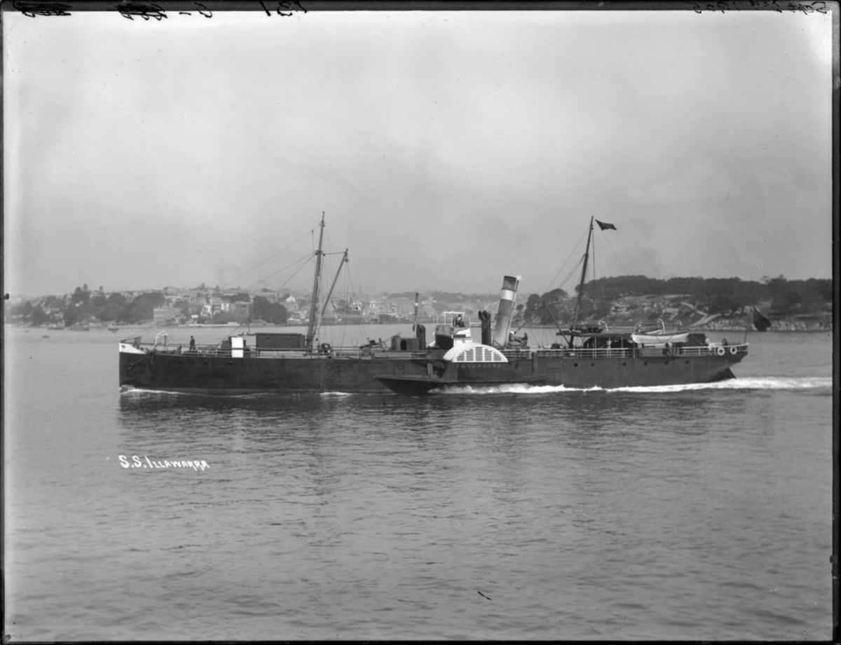 The Illawarra leaving Sydney presumably sometime after December 1885 when its low-pressure cylinder had failed while sailing between Wollongong and Kiama and extensive repairs and alterations seem to have been deemed necessary. 