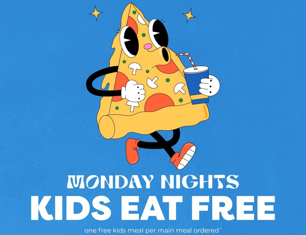 Illustration for kids eat free at Towradgi Beach Hotel featuring an illustration of a walking slice of pizza