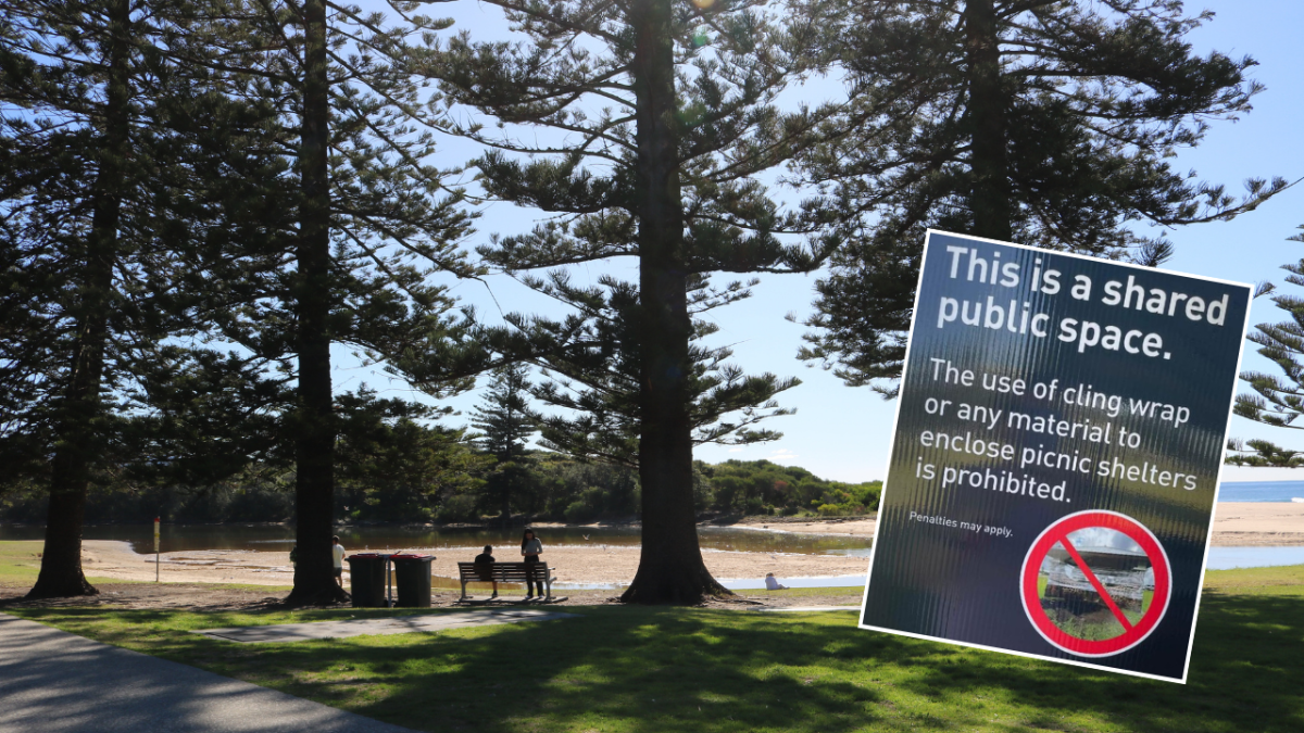 Beach scene and sign