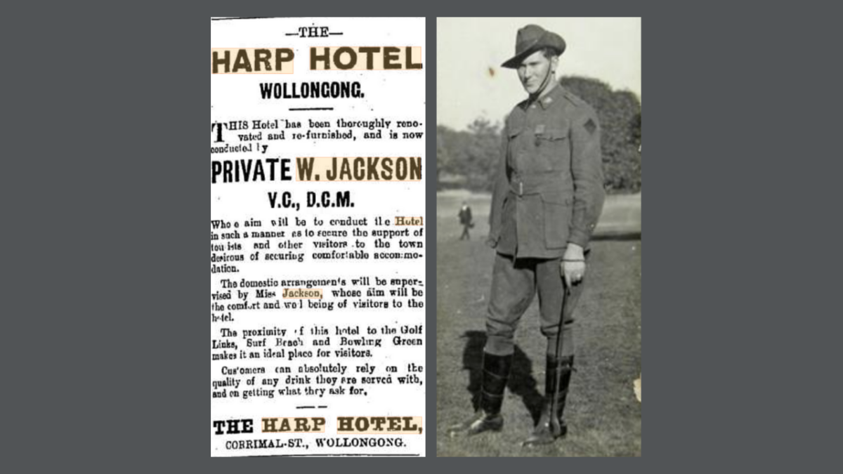 An advertisement for the Harp Hotel in the<em> Illawarra Mercury</em>, January 1919 and right, Private William Jackson. 