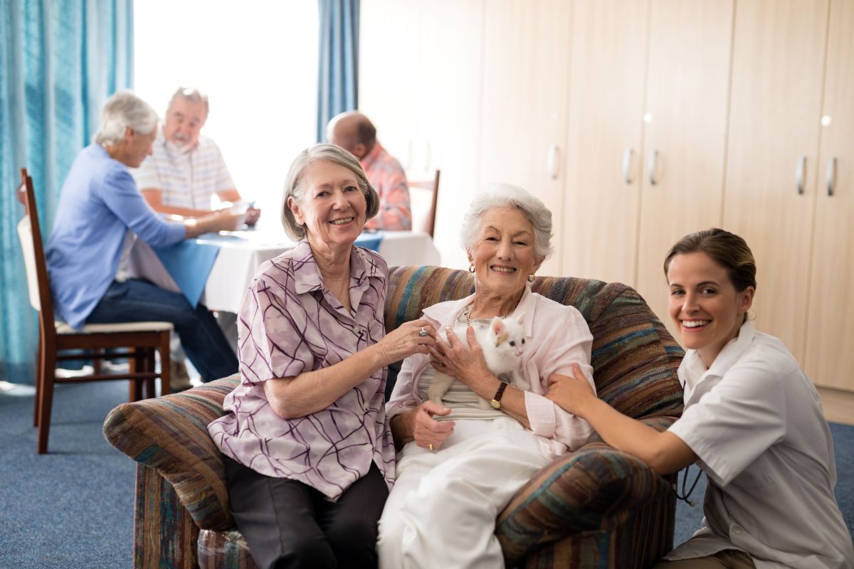 aged care residents smiling with staff and a kitten