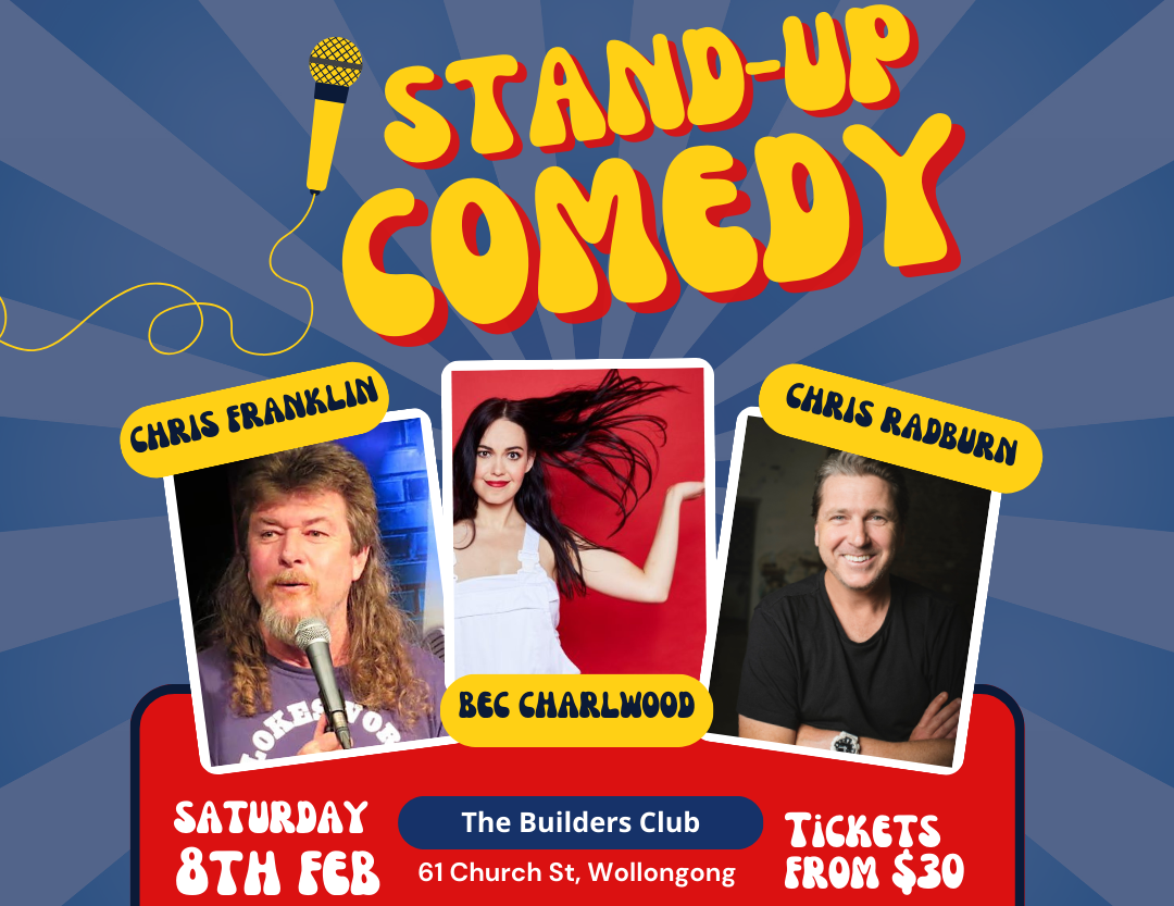 Banner for stand up comedy at The Builders feature profile pictures of three comedians