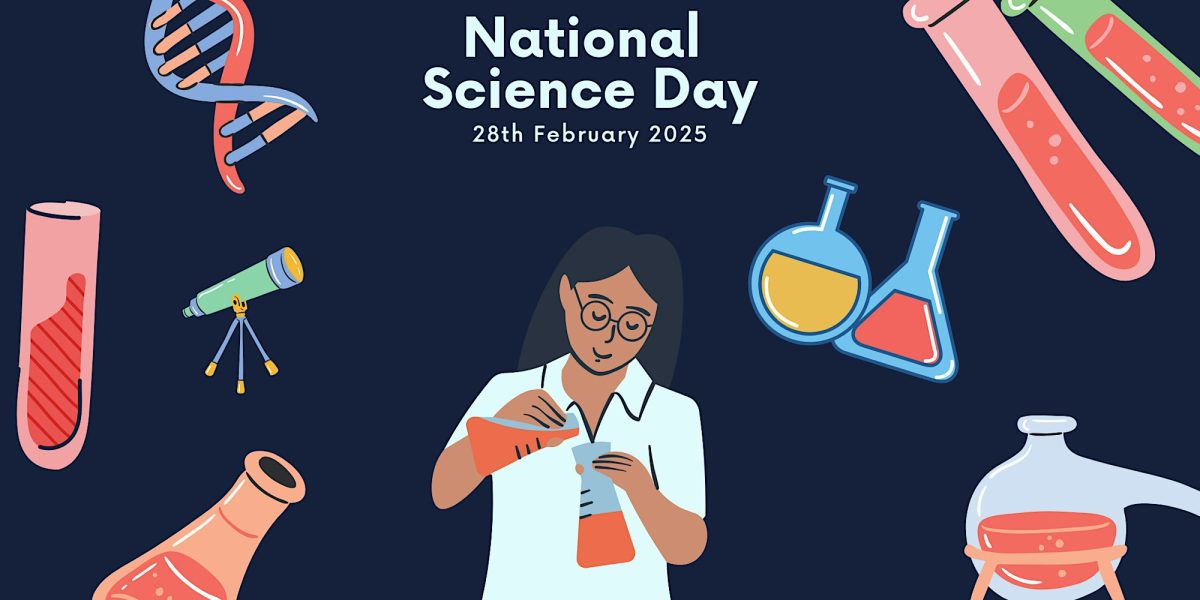 Banner for National Science Day featuring illustration of scientist with beakers