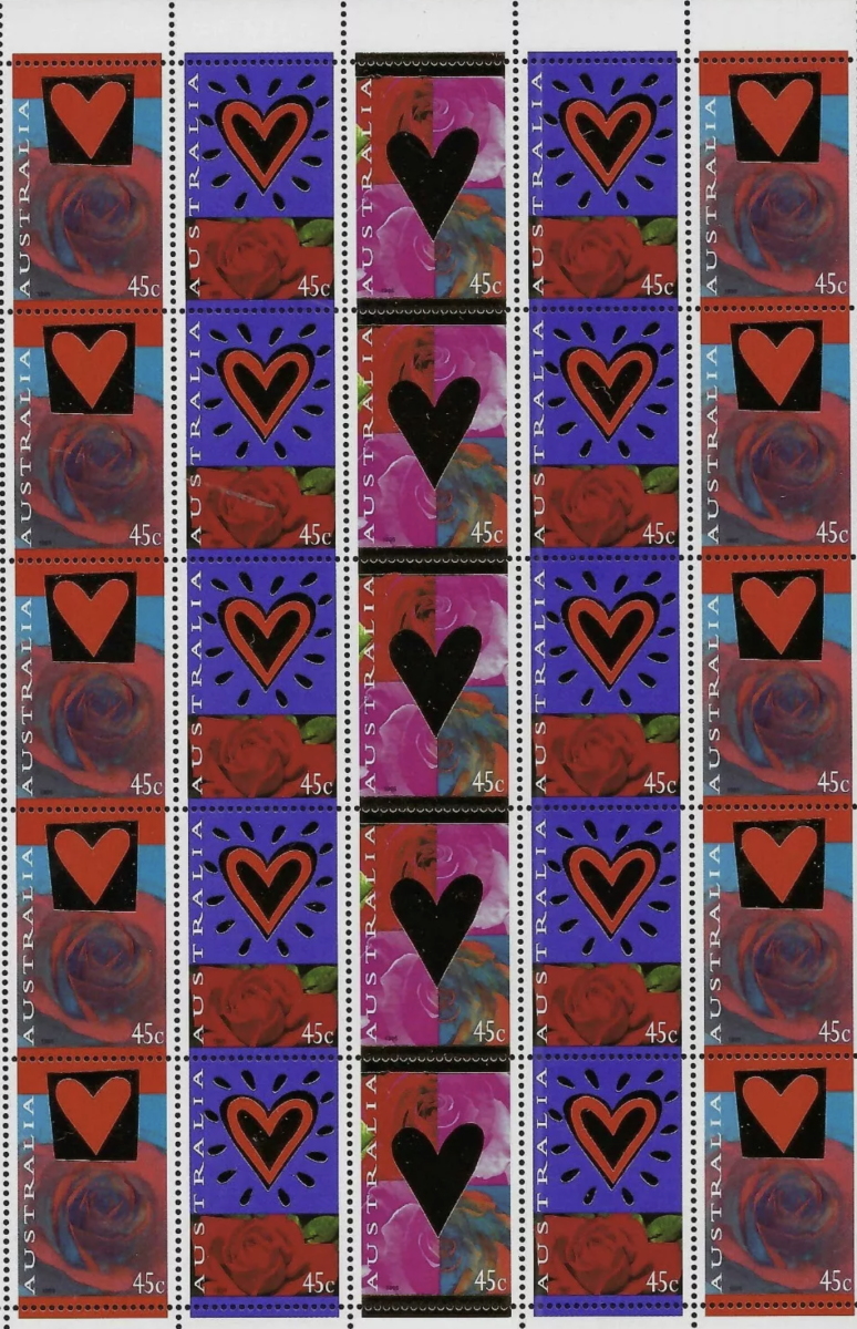 Sheet of Valentine's Day stamps.