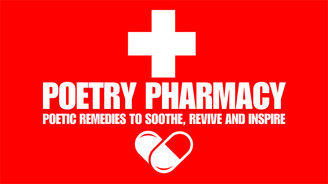 Poetry Pharmacy written in white against a bright red background