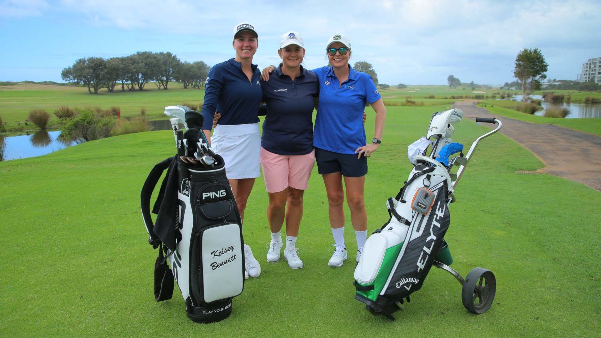 Kelsey Bennett, Michele Thomson and Sarah Kemp at Wollongong Golf Club practising for the Ford Women’s NSW Open.