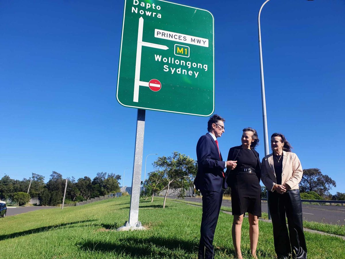 Member for Whitlam Stephen Jones, Labor candidate for Whitlam Carol Berry, and Member for Shellharbour Anna Watson announce a $10 million boost for south-bound on-ramps to the M1 at Dapto.