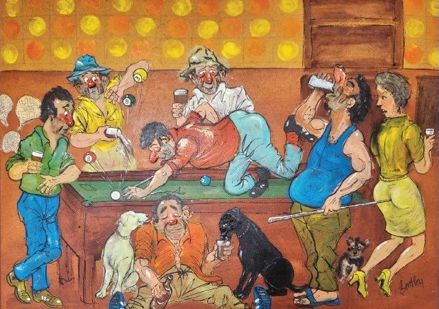 Cartoon of drunk people in a pub from the front cover of Rascals and Respectables - A social history of Kiama area hotels