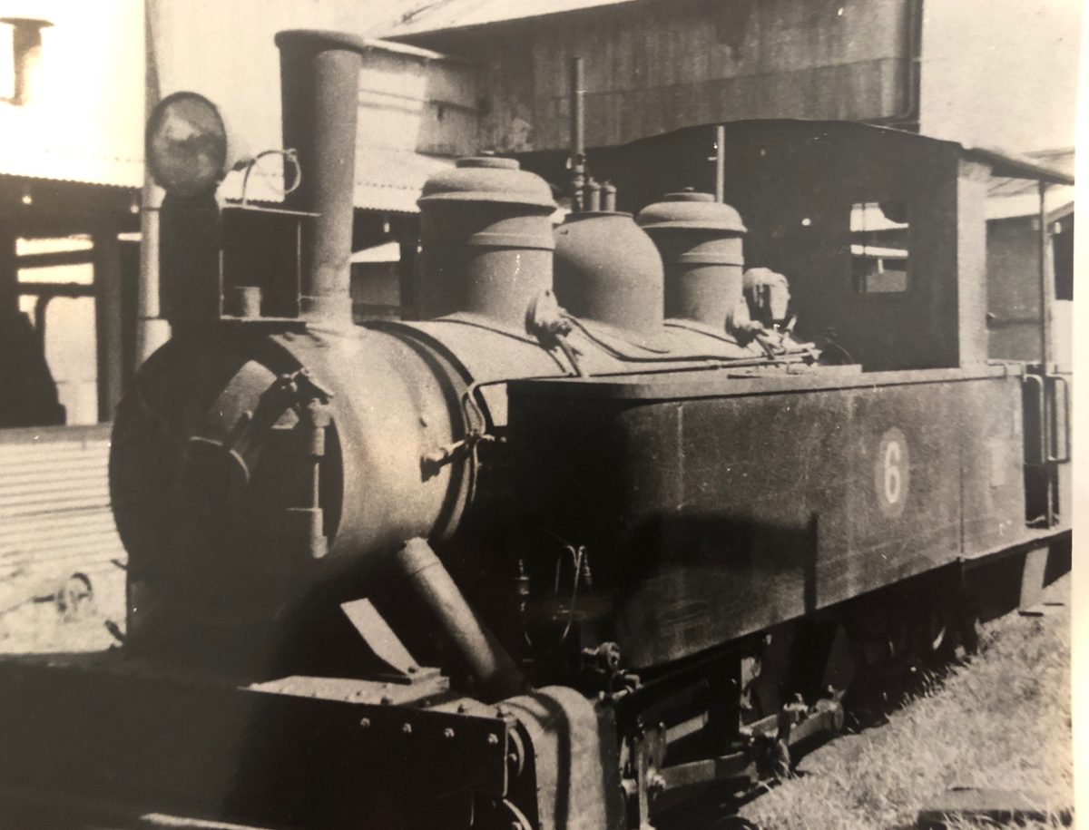 Black and white photo of Perry steam locomotive working in the Tully region