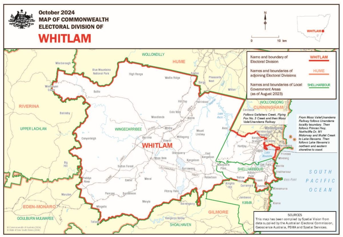 Whitlam takes in the Shellharbour, Wingecarribee and parts of Wollongong local government areas.