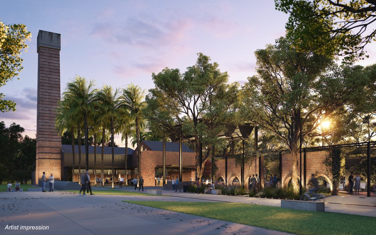 An artist's rendition of the proposed heritage plaza at the Corrimal Coke Works development. The plaza would be open to the public with cafes, eateries and shops.