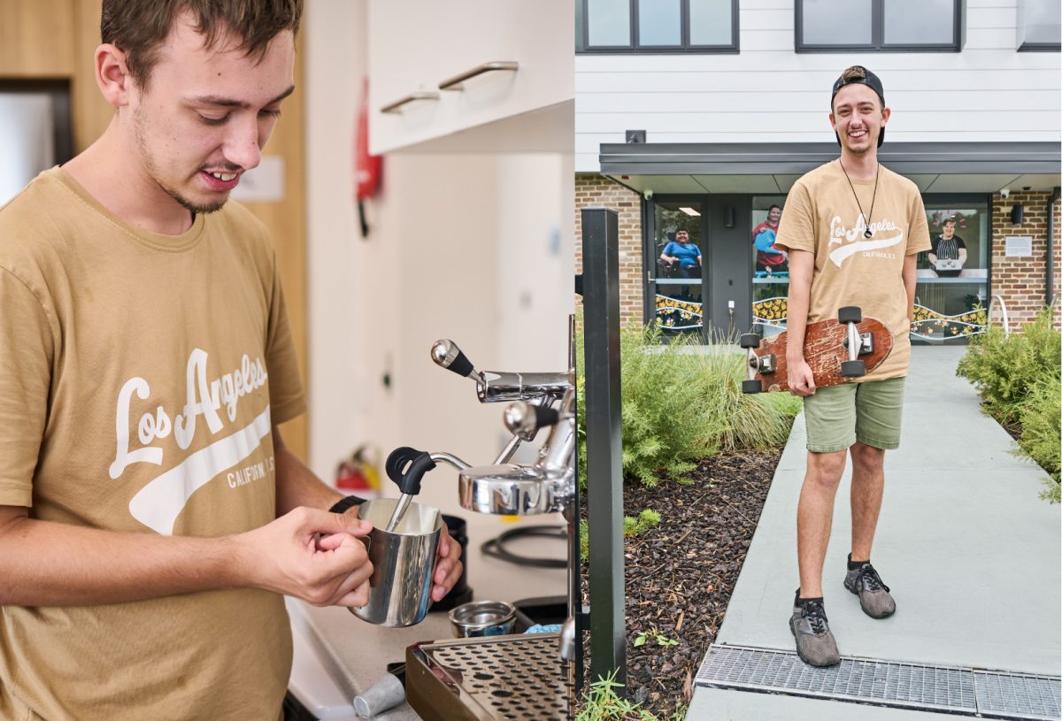 combined images of a young man using a coffee machine, and him with his skateboard