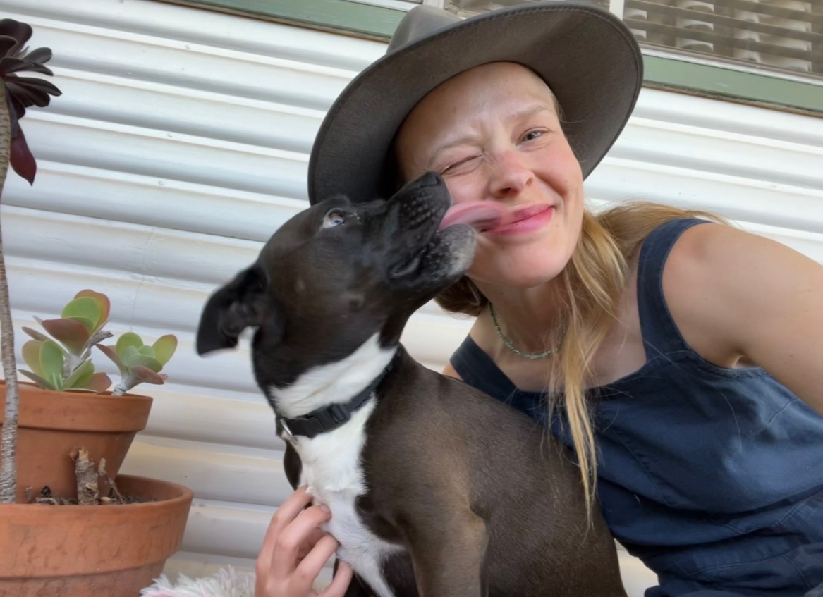 Dog licks a woman on the face