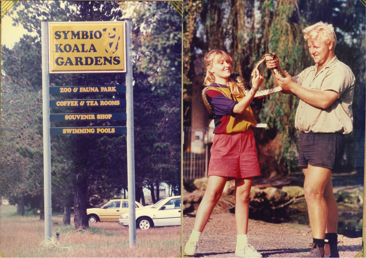 composite of Symbio's old car park and sign, and a ranger and customer with a snake