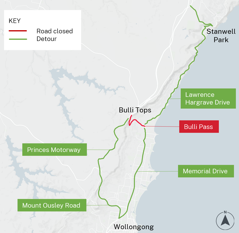 Map showing bulli pass closures