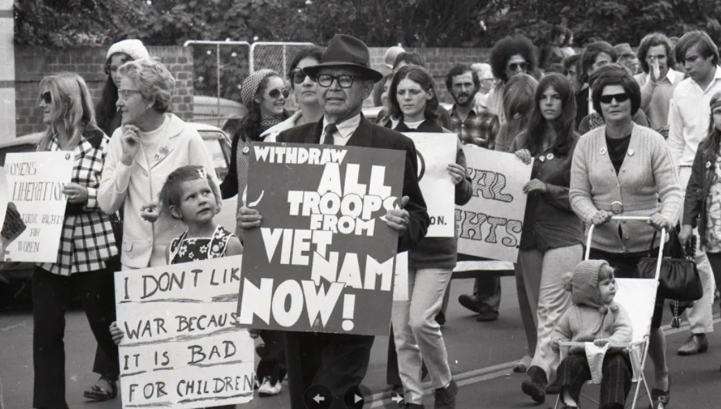 Old black and white picture of a peace protest