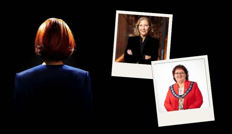 Banner for in conversation event with playwright for Julia and Wollongong Mayor Tania Brown