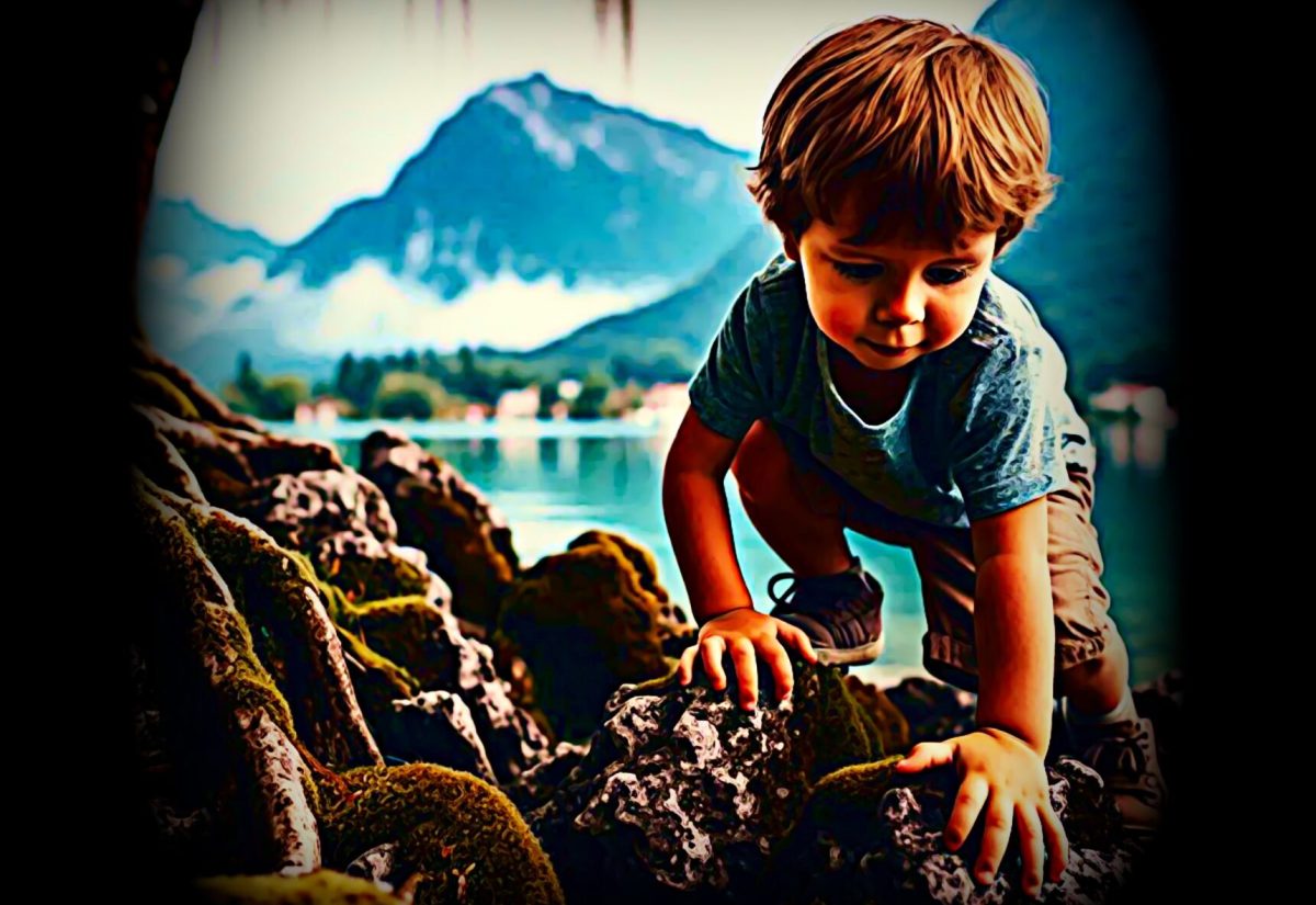Album cover detail showing little boy on rocks