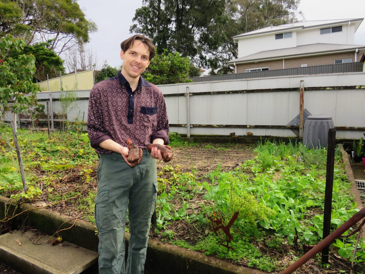 man in his edible backyard garden