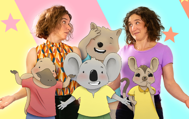 The Teeny Tiny Stevies singers and cartoon creatures shurgging