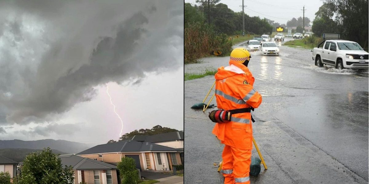 Collage of lightning striking a house and an SES worker in a flooded street