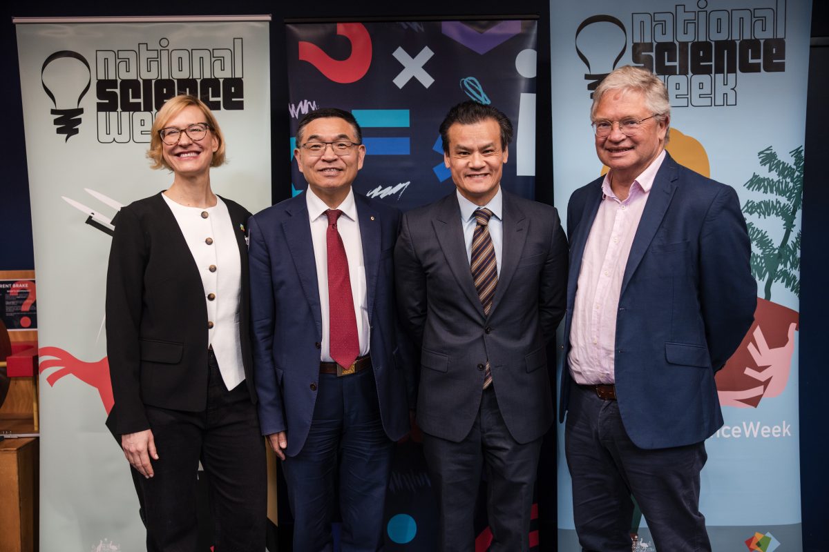 Chief of Inspiring Australia NSW Emily Jateff, Vice-Chancellor and President of the University of Wollongong Professor Max Lu AO, NSW Chief Scientist & Engineer, Professor Hugh Durrant-Whyte and Minister for Innovation, Science and Technology Anoulack Chanthivong at the official launch of Science Week NSW at the University's Science Space