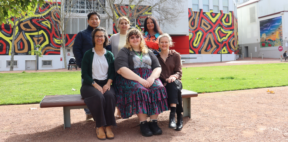 Culture Mix Community Advisory Group members. Back row: Francis Kayphoe, Zahra Javadi, Aunty Sharralyn Robinson (Aboriginal Reference Group). Front row: Vimala Colless (Wollongong City Council), Eren Maltby, Ann Burbrook. 