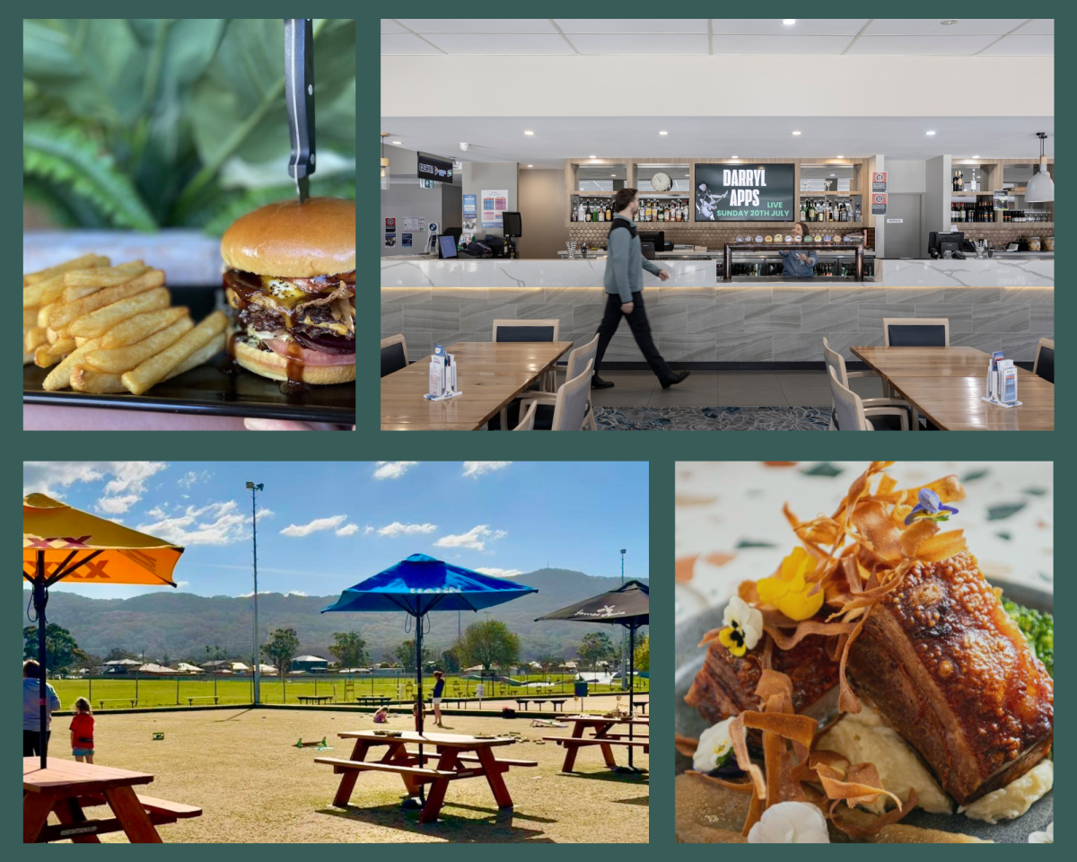 Collage of pictures from Fraternity Sports showing food, the bar and outdoor seating