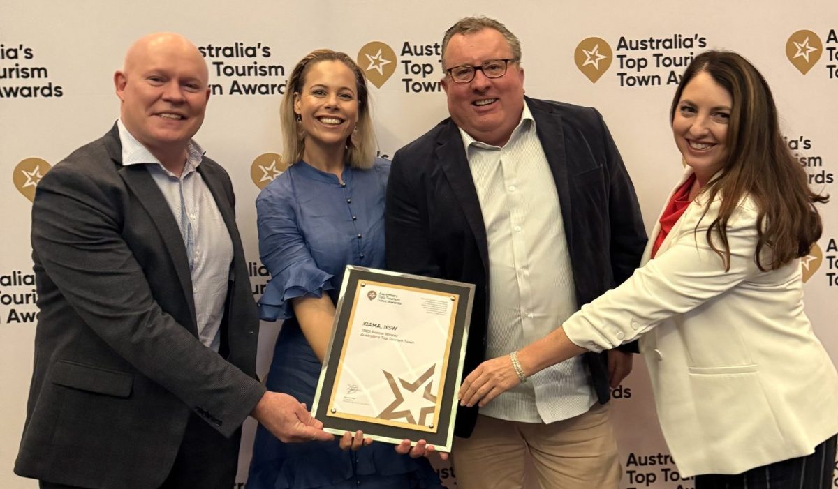 Mayor Cameron McDonald, Destination Kiama’s Sally Bursell, Cr Matt Brown and Kiama CEO Jane Stroud