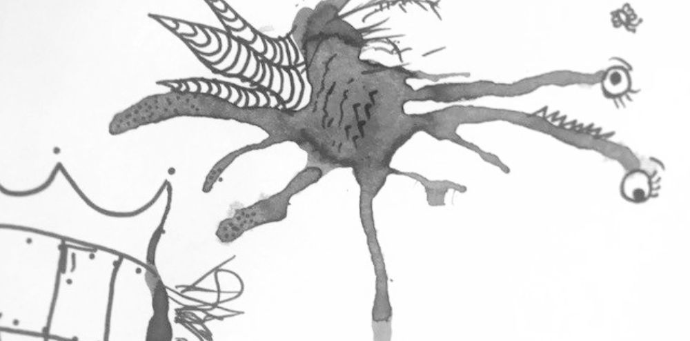 A black and white image of an ink-blown drawing