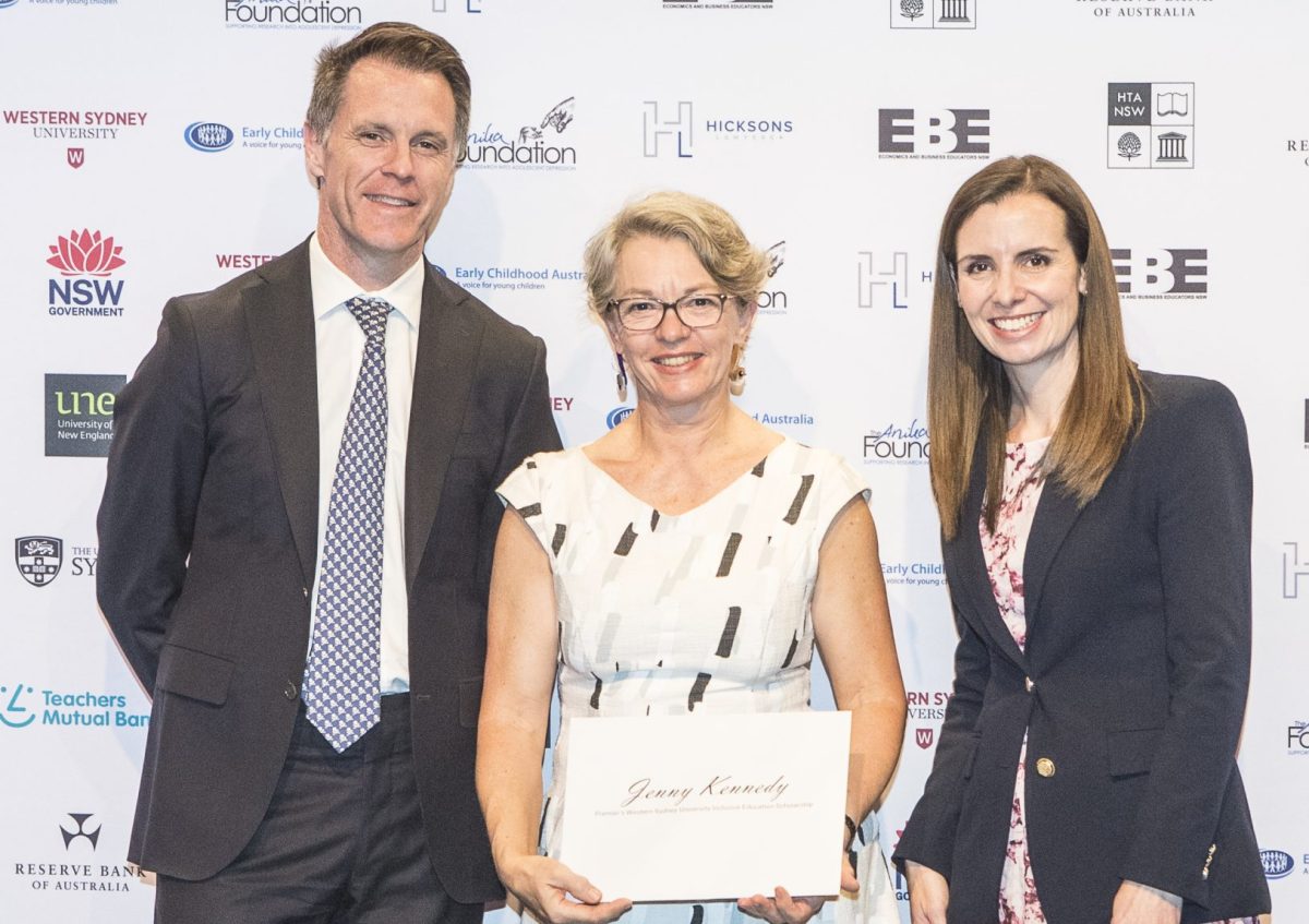 Premier Chris Minns, Bulli High School teacher Jenny Kennedy and Deputy Minister for Education and Early Learning Courtney Houssos.