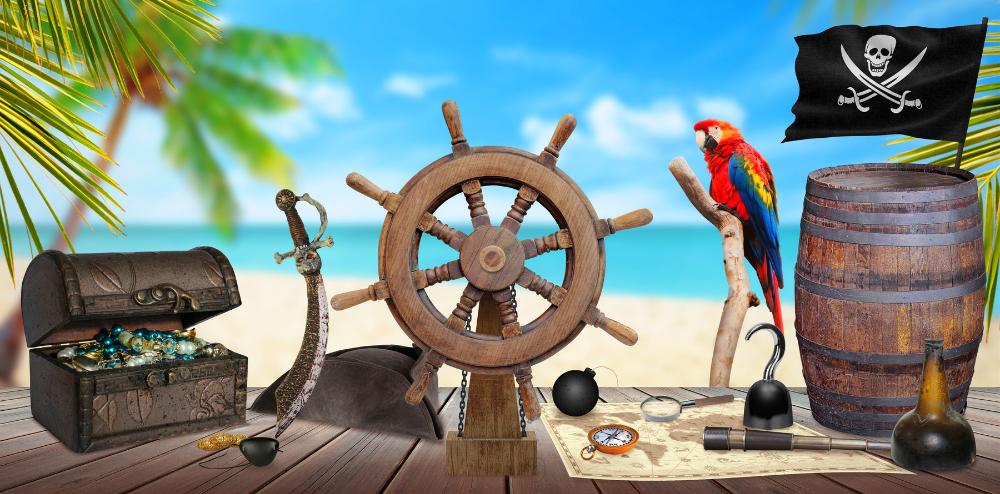 cartoon image of pirate treasure, parrot, pirate flag