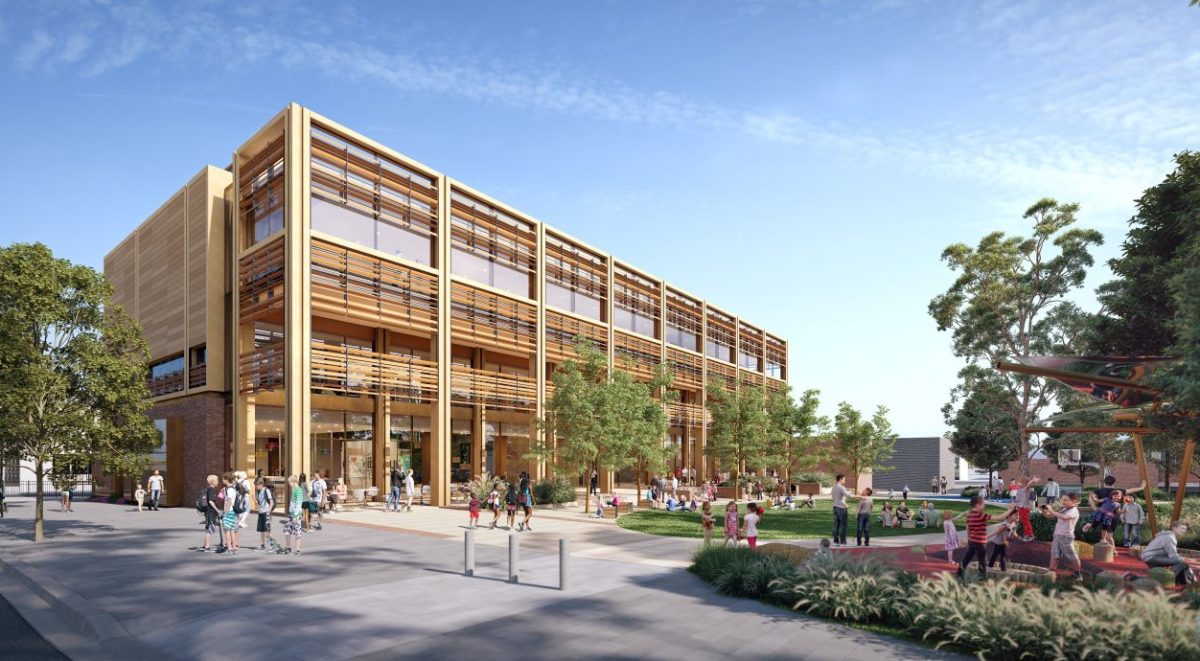 An artist's impression of the new Southern Suburbs Community Centre and Library and its town square. 