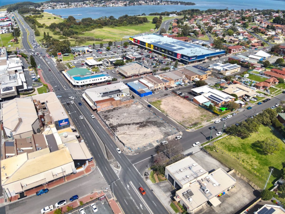 An aerial view of the corner of King and Greene streets Warrawong, where the new community centre and library will be built.