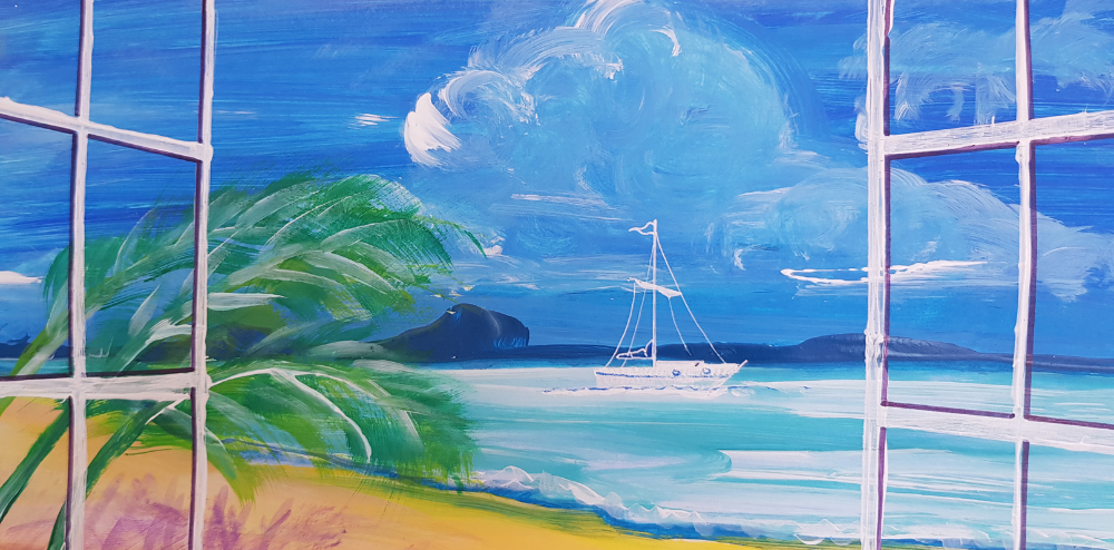 A painting looking out from a window at a beach with a yacht in the water 