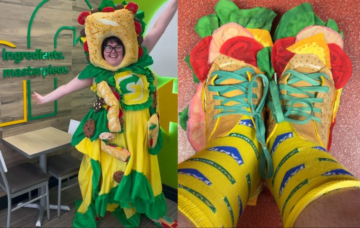 Daisy Knight in a sandwich dress, hat and shoes. 