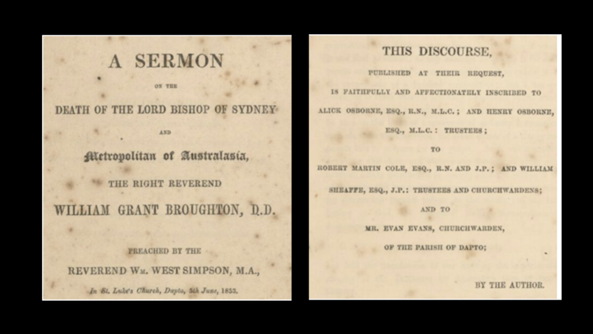 The good Reverend William West Simpson led the sermon at St Luke's Church Dapto, following the death of the Bishop of Australia.